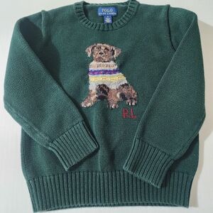 Ralph Lauren Green Cotton Sweater with Bear Dog Design Size 5T